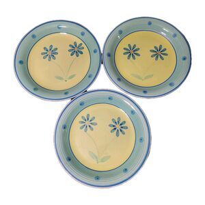 Mulberry Home Collection 3 Dinner Plates Yellow Swirl Blue Flowers Green Rim